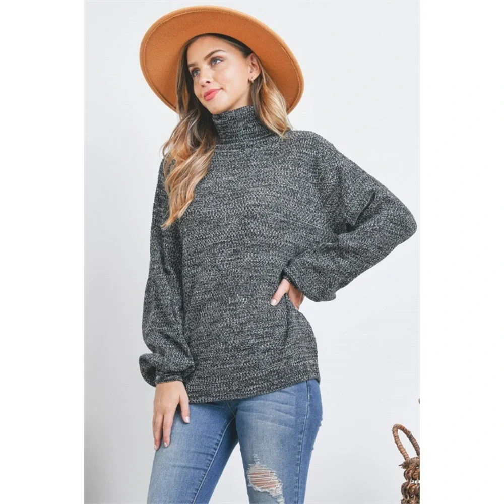 TURTLENECK MELANGE BALLOON SLEEVE SWEATER- BLACK - Picture 2 of 9